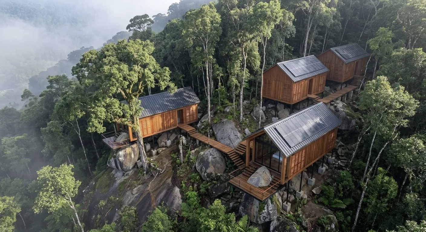 Aerial view of a cluster of EPIC cabins set into a forested ridge — the resort at scale on real terrain